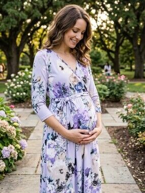 Pink Blush Maternity Women's Lavender Floral Wrap Maxi Dress Size Medium